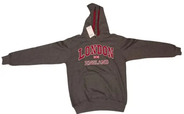 a grey sweatshirt with red text